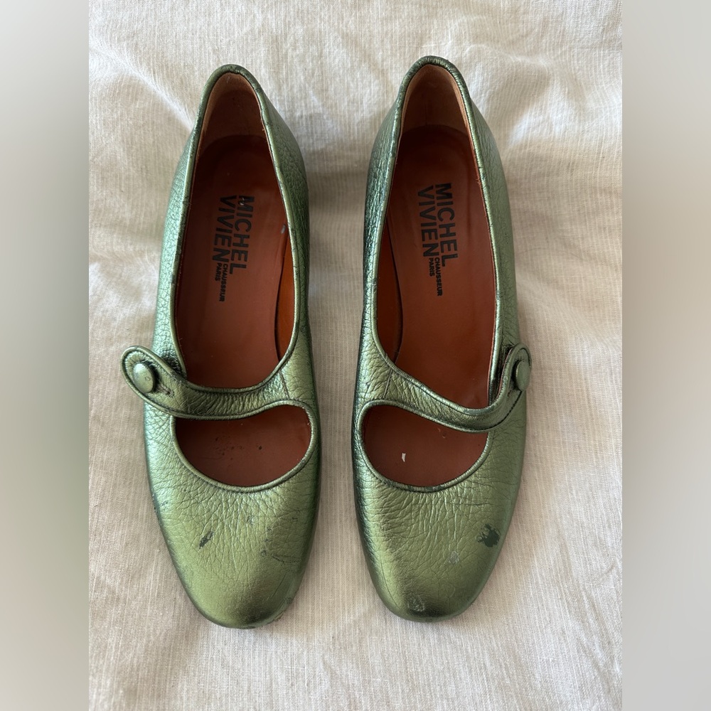 Michel Vivien Green Metallic Leather Mary Jane’s with Studded Heel Accent